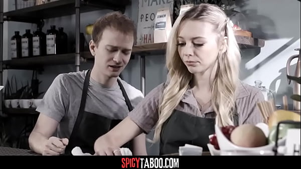 Blonde babe ask her cheating boyfriend for a risky sex at the workplace