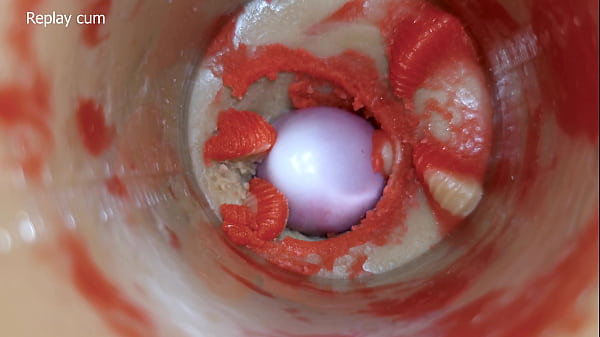 The camera inside the deep pussy toy records a huge ejaculation with a stuck condom 4k